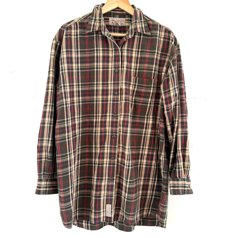Vintage Abercrombie & Fitch Mens Plaid Flannel Shirt Olive Green Red‎ Cotton M